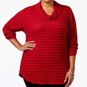 Style & Co. Red Ribbed Knit Striped Cowl Neck Sweater NTW